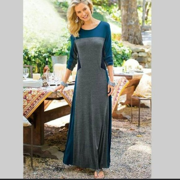 Soft Surroundings Maxi Blue and Gray Long Sleeve Dress Extra Small Petite - Picture 1 of 12